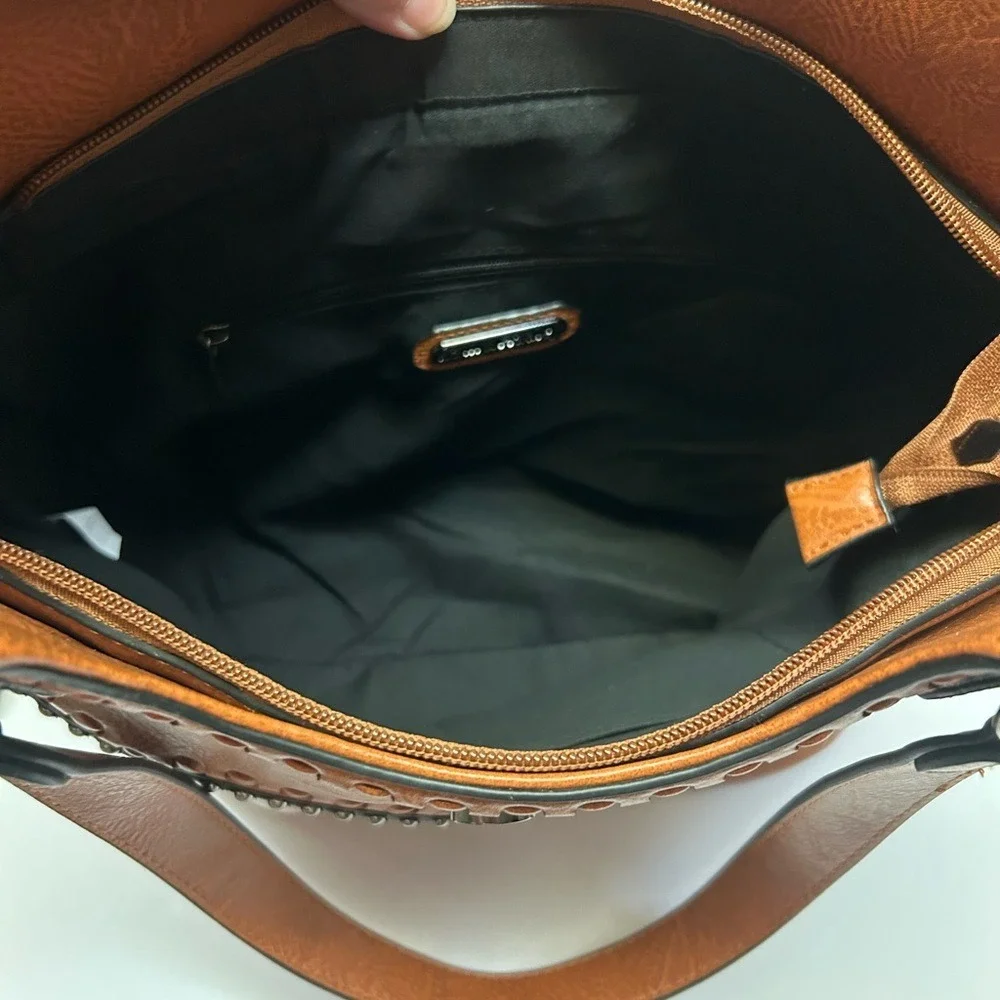 Sam & HadleyWestern Cognac Faux Leather Shoulder Bag Turquoise Whipstitch Tote
